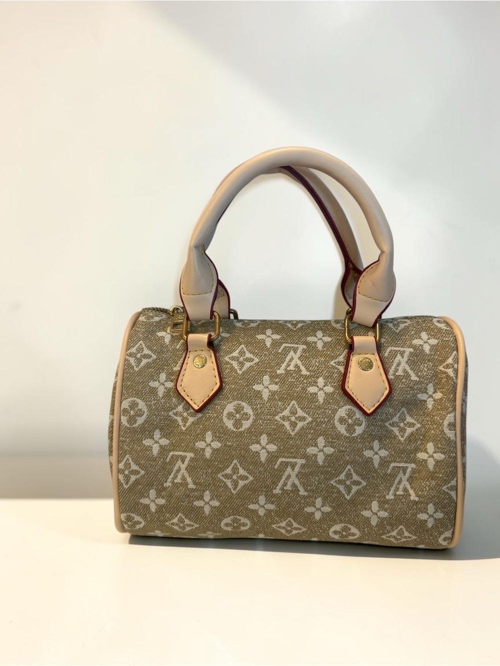 NWOT Source Unknown Beige Monogram Mini Satchel with Red Trim - Picture 2 of 5